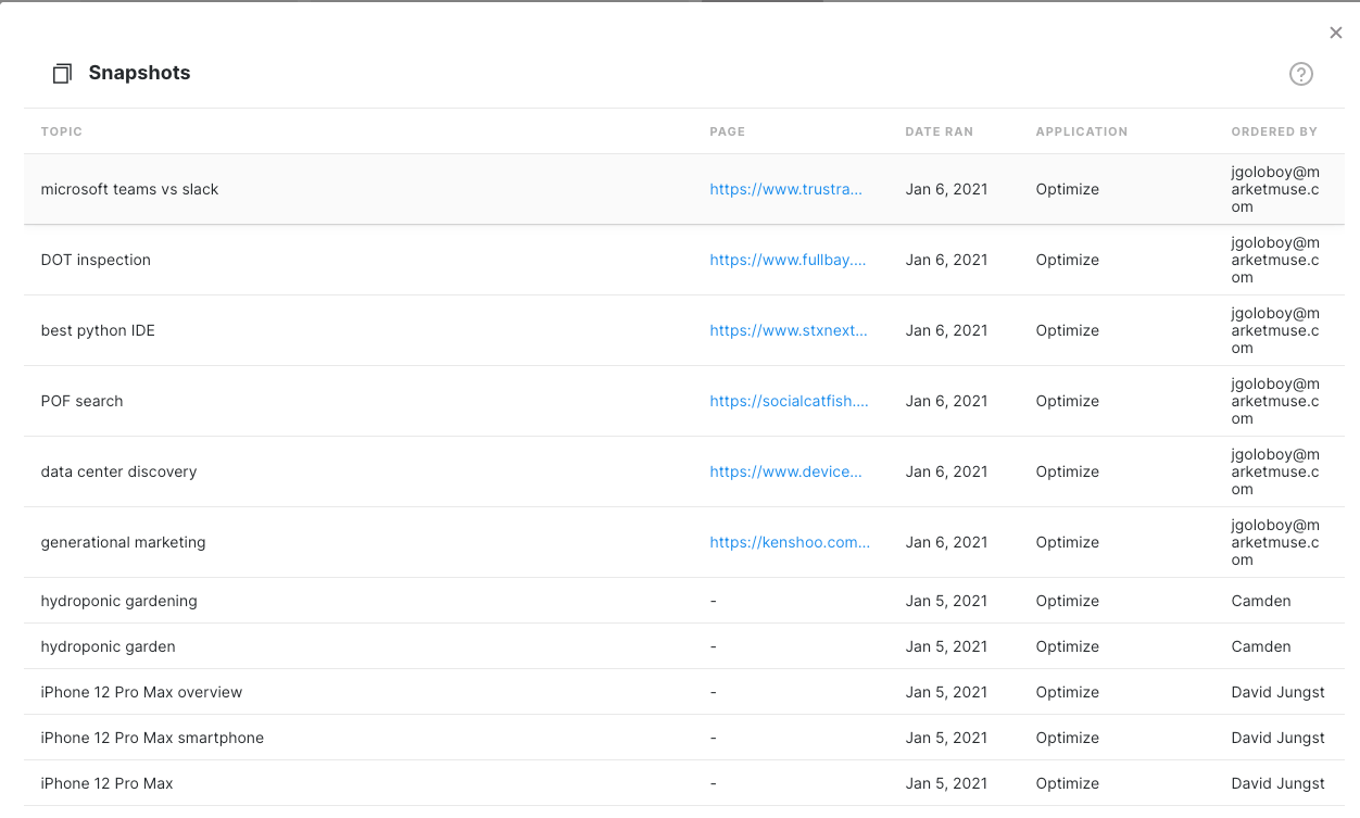 What is a snapshot? - MarketMuse Knowledge Base