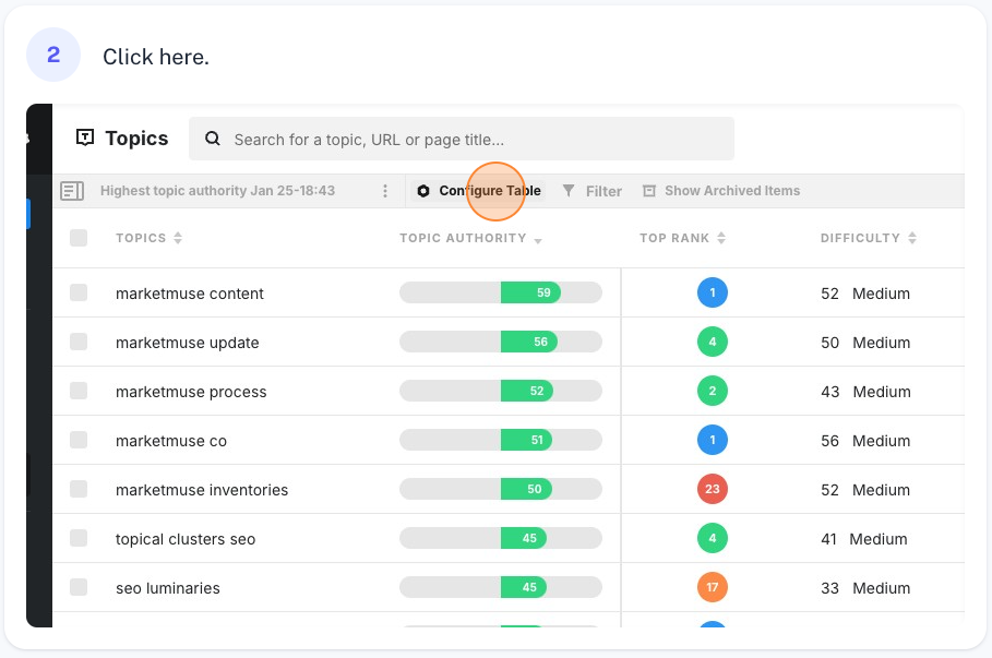 Click configure table to open a menu with more controls.