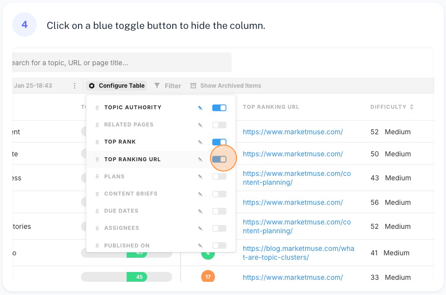 Click on a blue toggle button to hide the column.