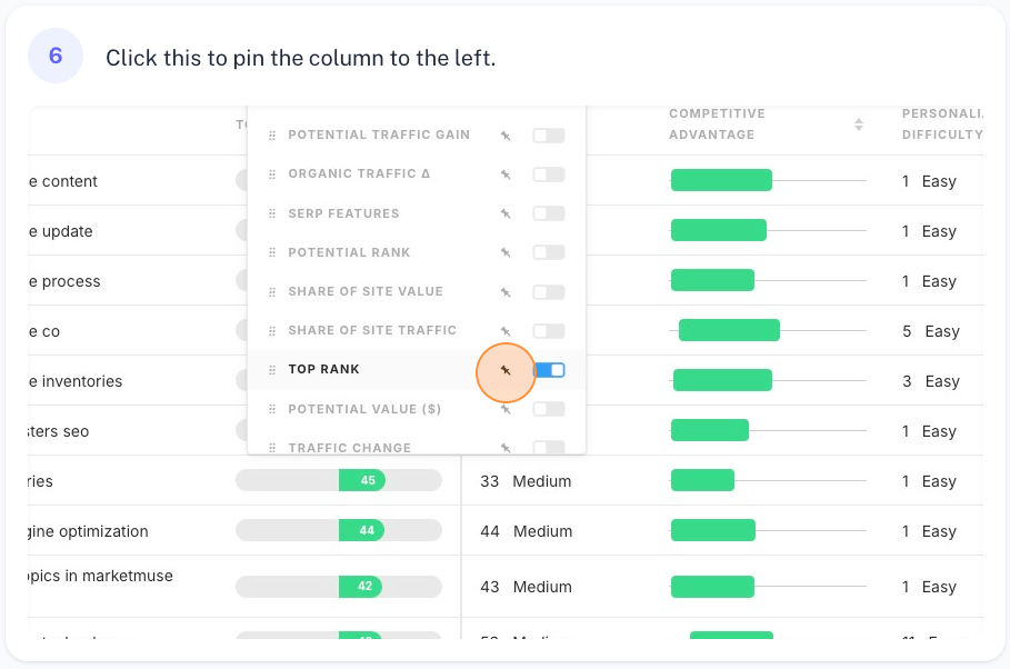 Click the pin to pin the column to the left.